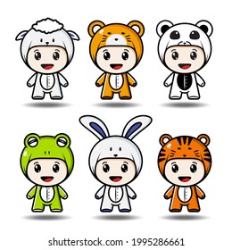 Set of kids in cute animals costumes