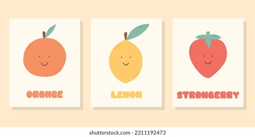 A set of kids cute fruit posters. Vector illustration. Retro posters for nursery. Groovy posters with lemon, orange, strawberry.