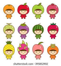 Set of kids in cute fruits costumes