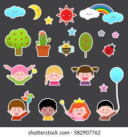 Set of kids and cute nature element