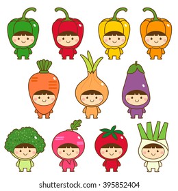 Set of kids in cute vegetables costumes