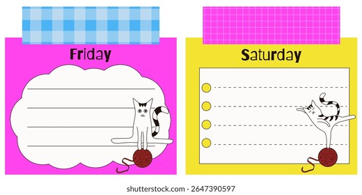 Set of kids Daily planner template design. Vector illustration of juicy color Day Planner with funky fun cat and adhesive tape. Ideal child Plan list nursery schedule template design. EPS 10