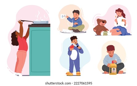 Set Kids In A Dangerous Situations, Children Play With Matches, Hot Utensil, Toxic Liquids, Sharp Objects, Electricity. Risk at Home Concept with Boys and Girls Characters. Cartoon Vector Illustration