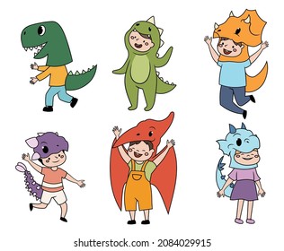 Set Of Kids In Dino Costume. Collection Of Cartoon Funny Children In Wearing Dragon Costume For Theme Party. Cute Kid Masquerade Apparel. Vector Illustration Of Dinosaur Costume Outfit For Children.