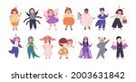 Set of kids disguised in funny and scary costumes for Halloween party. Happy children dressed in carnival clothes. Cute girls and boys in festival outfit. Flat vector illustration isolated on white.