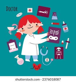 Set of Kids doctor , boy and girl in medical uniform. Cartoon stethoscope, syringe, thermometer, pill, plaster, instruments  for dental  and radiologist , hospital play vector set. Children with medic