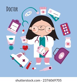 Set of Kids doctor , boy and girl in medical uniform. Cartoon stethoscope, syringe, thermometer, pill, plaster, instruments  for dental  and radiologist , hospital play vector set. Children with medic