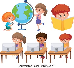 Conjunto de niños haciendo ilustraciones de actividades diferentes