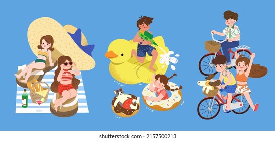 Set of kids doing different summer outdoor activities. Flat illustration of children enjoying sun bath, playing in swimming pool, and riding bicycles.