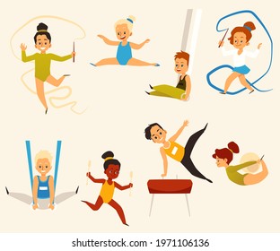 Set of kids doing gymnastic exercises, flat vector illustration isolated on yellow background. Boys and girls cartoon characters little gymnasts and athletes.