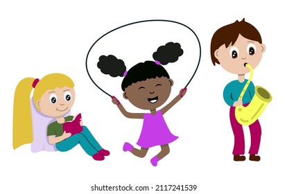Set of kids doing leisure activities. Reading playing saxophone, jumping