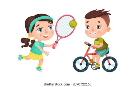 Set Of Kids Doing Sport. Happy Little Boy And Girl Playing Tennis And Riding Bike Cartoon Vector Illustration