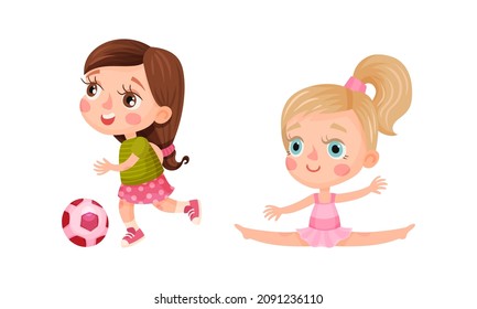 Set of kids doing sport. Little girls doing gymnastics and playing ball. Children activities cartoon vector illustration