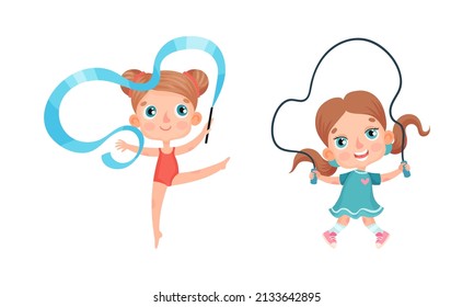 Set of kids doing sport. Little girls doing rhythmic gymnastics and jumping with skipping rope. Children activities cartoon vector illustration