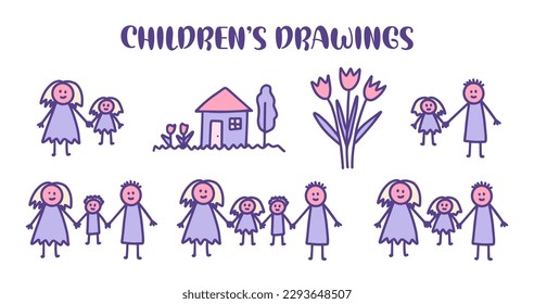 Set of kids doodle with different family drawings. Mom, dad and children, son and daughter, a house, flowers. Single parent or full family vector illustration. 
