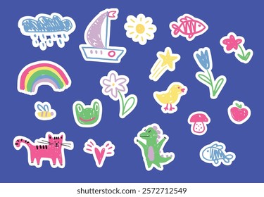 Set of kids doodle style illustrations featuring animals, rainbow, flowers, boat, sun, and other objects. Na ve crayon sketch style. Colorful vector flat illustration for children s stickers and