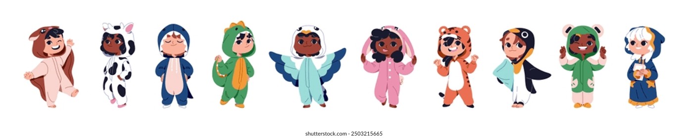 Set of kids is dressed into cute animal costumes. Row of children wearing funny onesies. Girls and boys in different kigurumi, pajamas have fun. Flat isolated vector illustrations on white background