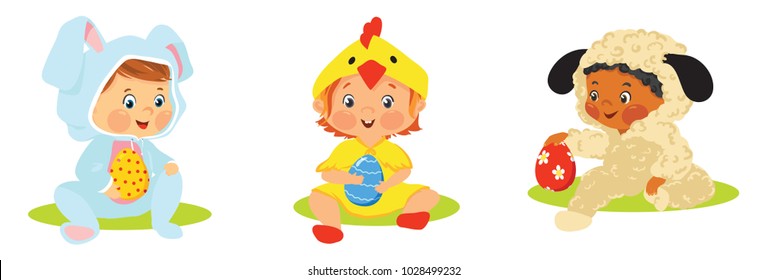 Set of kids in Easter costumes with eggs. Babies in bunny, chick and lamb costumes vector illustrations.