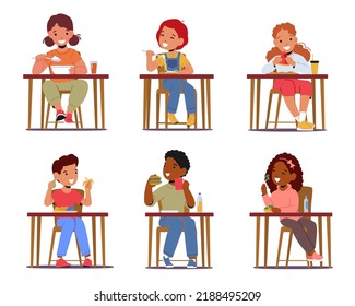 Los niños comen comida, niñas y niños sentados en la mesa con comida sabrosa aislada de fondo blanco. Personajes para bebés comiendo en casa, escuela o jardín de infancia. Ilustración de vectores de personas de caricatura