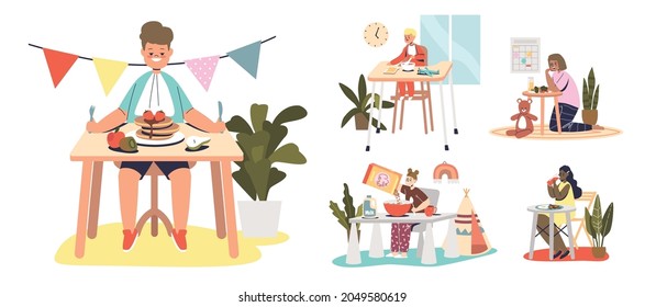 Set of kids eating healthy food for breakfast: cereals, pancakes, fresh fruits and vegetables, eggs. Little children enjoy nutritious meal. Toddler nutrition concept. Cartoon flat vector illustration