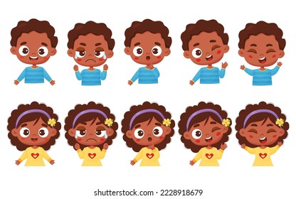 Set kids emotions. Avatars portrait dark-skinned cute boy and girl with different facial expressions and feelings. Happiness, anger, smile, delight, wonder. Vector isolated illustration cartoon style