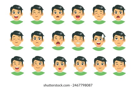 Set of kid`s emotions. Facial expression. Cartoon boy avatar. Vector illustration of cartoon child character