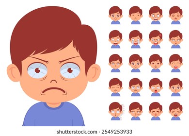 Set of kid`s emotions. Facial expression. Cartoon boy avatar. Vector illustration of cartoon child character