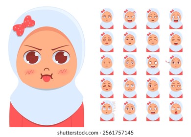 Set of kid`s emotions. Facial expression. Cartoon girl avatar. Vector illustration of cartoon child character