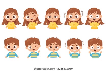 Set kids emotions. Portraits of cute boy and girl with different facial expressions and feelings - happiness, anger, smile, delight, wonder. Vector isolated illustration cartoon style for design