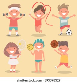 Set of kids engaged in summer sports. Vector illustration