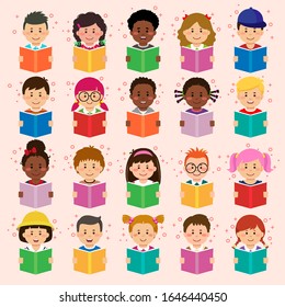 Set of kids faces, avatars, children heads different nationality in flat style reading books on pink background.