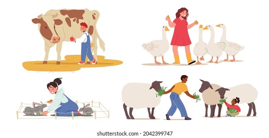 Set of Kids Feeding Animals, Children Visit Farming Zoo. Toddlers Characters Petting Domestic Sheep, Rabbits and Cow with Geese Isolated on White Background. Cartoon People Vector Illustration