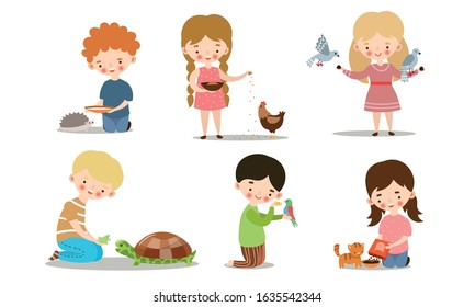 Set of kids feeding and taking care of wild and pet animals. Vector illustration in flat cartoon style.