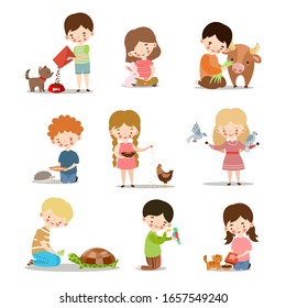 Set with kids feeding and taking care of wild and pet animals. Vector illustration in the flat cartoon style.