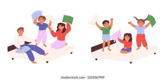 Set of kids fighting with pillows. Happy small children enjoy funny pillow fight and playful entertainment in bedroom indoors together. Cartoon flat vector illustration