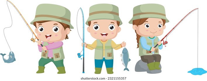 Set of kids fishing fish cartoon