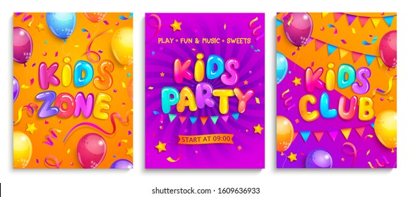 Un juego de folletos infantiles para fiestas, zona infantil, club. Lugar para divertirse y jugar, sala de juegos para cumpleaños. Banners con confietti, chispas serpentinas, globos para saludos, invitaciones para fiestas.Vector.