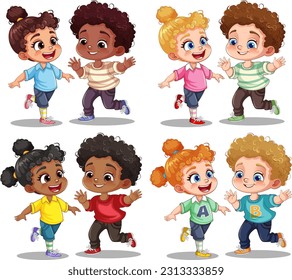 Set of kids friend with mix race illustration