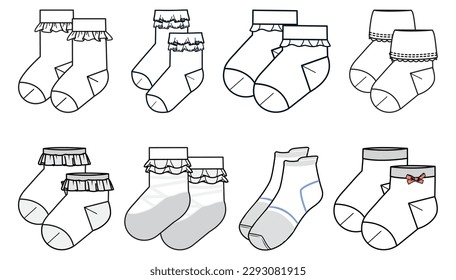 Set Kids frill Socks flat sketch fashion illustration drawing template mock up  Children ruffle socks cad drawing for Baby  infants   toddlers  baby crew socks design drawing