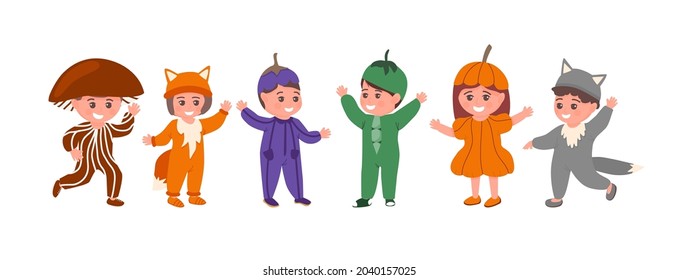 Conjunto de niños con divertidos disfraces animales o vegetales aislados ilustración vectorial plana. Niños felices celebrando carnavales. Niñas y muchachos adorables vestidos con ropa de fiesta de Halloween.