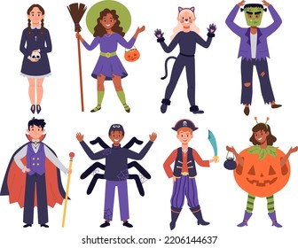 Set of kids in funny halloween costumes for party and trick or treat. Collection of children dressed in carnival or festival clothes. Happy girls and boys smiling. Flat vector illustration