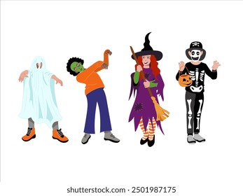 Set of kids in funny halloween costumes for party and trick or treat. Collection of children dressed in bright festival clothes. Happy girls and boys smiling. Vector illustration