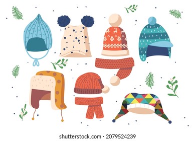 Set of Kids Funny Hats for Winter Season, Cute Knitted and Textile Caps, Earflaps, Scarf Isolated on White Background. Children Headwear for Cold Weather. Cartoon Vector Illustration Icons, Clipart