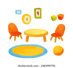 Set kid's furniture nursery room. Vector illustration in children's style.