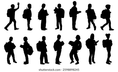 Set of Kids going to school with their backpacks silhouette vector illustration