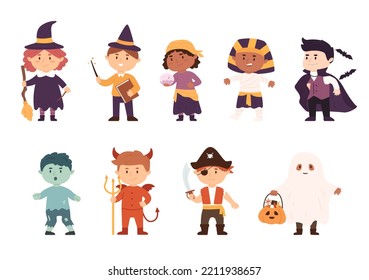 Set of kids in halloween costume. Boys and girls in festive clothes of wizard, witch, zombie, vampire, fortune teller, mummy, evil, pirate, ghost. Trick or treat time, halloween party.