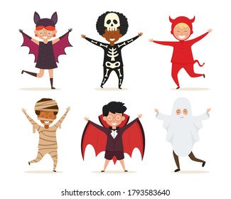 Set of kids in Halloween costume. Cute children wearing in dracula, devil, skeleton, mummy, ghost, bat costume. Vector illustration isolated on white background.