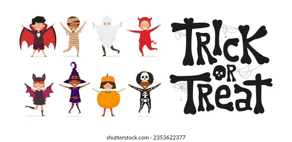 Set of kids in Halloween costume and Trick or Treat text. Vector illustrations for Holidays on Halloween isolated on white background.