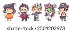 Set of kids in halloween costumes cartoon. Kids in a different Halloween costumes with vampire, witch, pirate, skeleton, frankenstein, dracula. Elements for halloween festival decorative design.