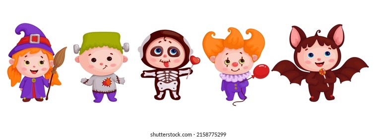 Juego de niños con disfraces de Halloween. Personajes divertidos de caricatura.